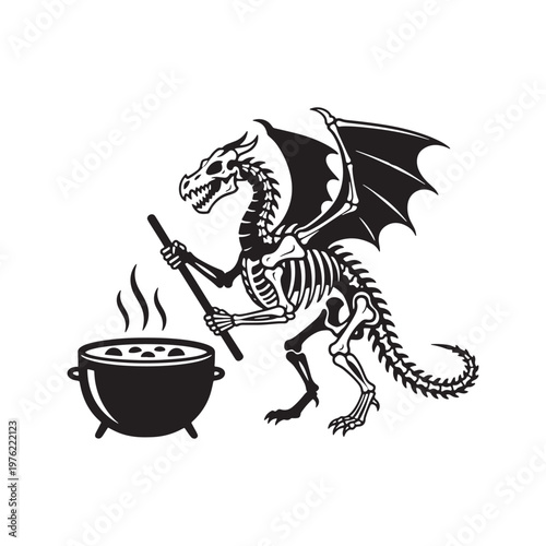 Black skeleton dragon stirring a cauldron with a stick on a white background Keywords: dragon, skeleton, cauldron, stirring, Skeleton Silhouette