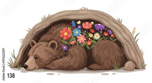 A cute bear resting in a cozy cave filled with colorful flowers