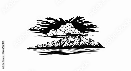 Dramatic clouds loom over sharp, snow-capped mountains reflecting in water