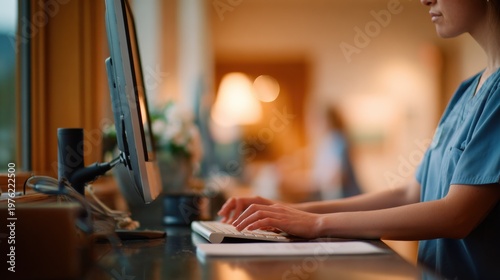 Focused shot of a clinical technician entering data at a cozy alcove workstation the computer screen and hands in sharp detail with the background softly blurred.