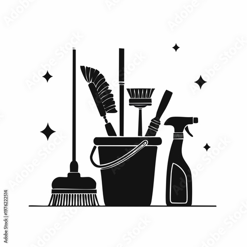 Cleaning tools in bucket with spray bottle