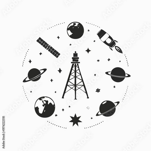 Space exploration elements with planets and rocket