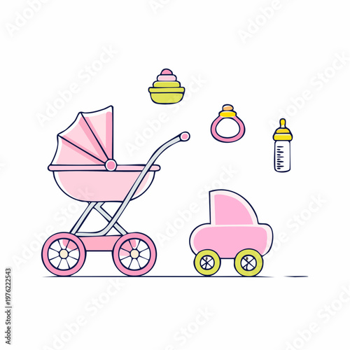 Pink baby carriage and stroller set with carriage