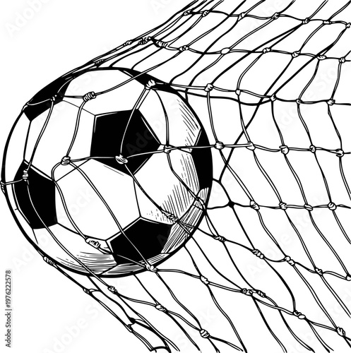 Black and white soccer ball caught in net with clean white background goal sport