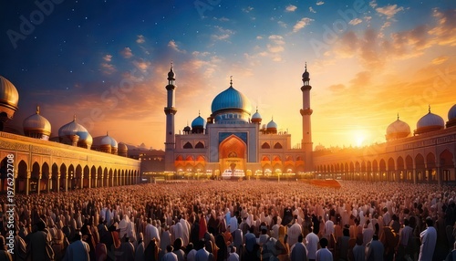 Majestic Mosque Gathering at Sunset - A Spiritual Eid Celebration.