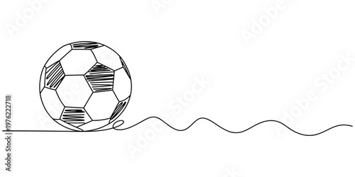 continuous one line drawing Soccer ball wearing headphones on white background with 3D illustration of sport equipment