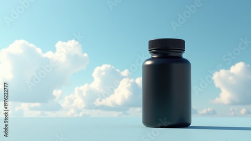 A single black bottle sitting on a table with a simple background