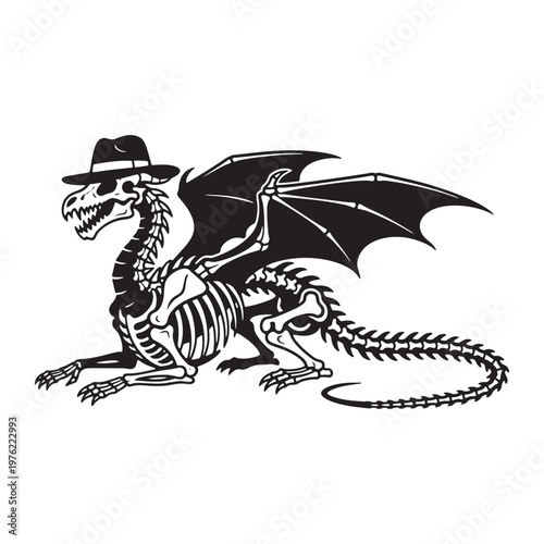 Skeleton Dragon Wearing a Fedora Hat and Relaxing vector illustration Skeleton Silhouette