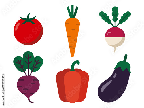 Flat of colorful fresh vegetables including tomato carrot radish beet bell pepper and eggplant