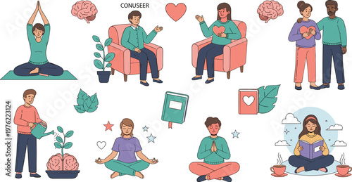 Mental Health and Wellness Vector Set Featuring Meditation, Therapy, Self-Care, and Emotional Support for Well-Being and Personal Growth