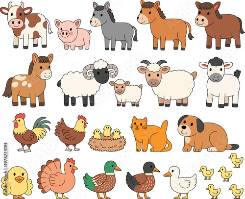 Farm animals, colorful cartoon set, 25 icons, vector illustrations, farmyard creatures