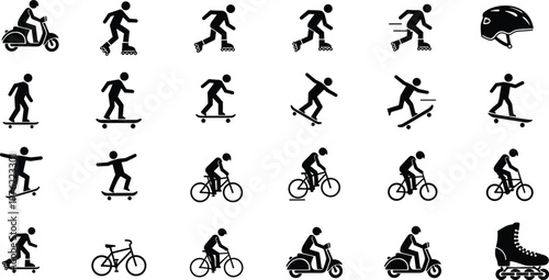 Scooter silhouette illustration, rollerblading sport artwork, skateboarding design concept, cycling activity symbol graphic, helmet safety icon, black white urban recreation representation