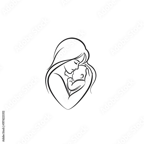 Mother Gently Holding Sleeping Baby Delicate Line Art Sketch Drawing Maternity Love Illustration