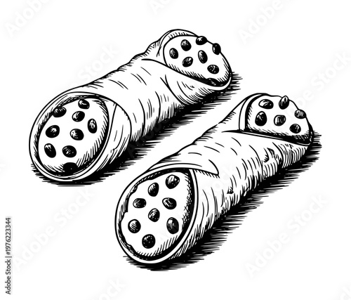 Hand drawn black and white of Italian cannoli pastries with chocolate chips pastry