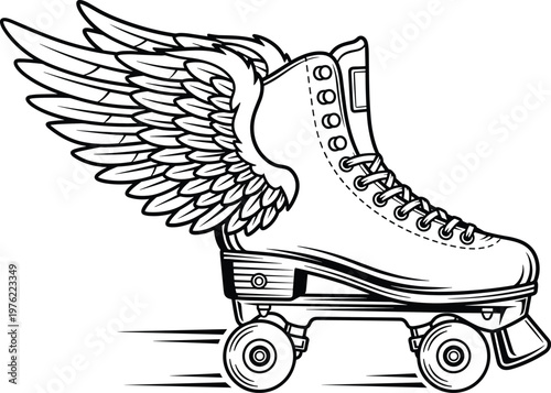 Roller skate silhouette illustration, winged footwear artwork, recreational sport design concept, freedom movement symbol graphic, black white imaginative speed representation