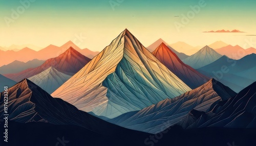 Majestic Mountain Range Landscape with Warm Sunset Hues and Minimalist Design.
