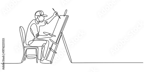 Continuous line drawing of artist painting on easel. Minimalist male painter sketch with palette and brush. Creative hobby and art studio vector illustration.