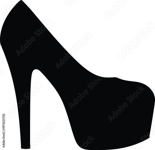 Platform high heel silhouette, fashion footwear illustration, stiletto shoe artwork, stylish women accessory design concept, elegant symbol graphic, black white trendy representation