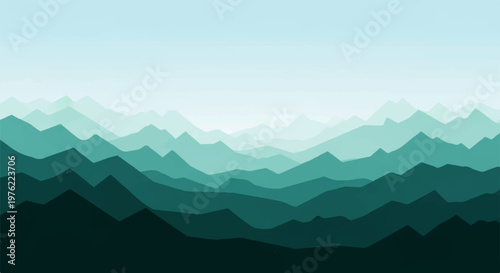 bstract layered mountains landscape in teal tones, foggy mountain range vector background.
