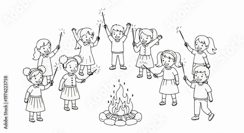 Children celebrate around a campfire holding sparklers