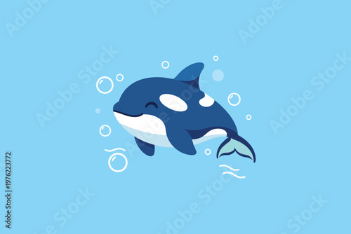 Cute orca illustration in flat vector style, friendly expression, playful and fun design