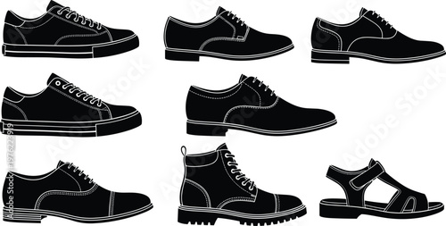Black Footwear Silhouette Collection Featuring Sneakers, Formal Dress Shoes, Leather Boots, and Summer Sandals for Fashion Design and Web Icons
