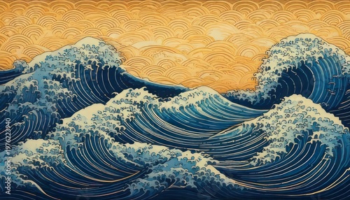 Majestic ocean waves crashing under a golden sky in artistic style.