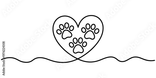 Minimalist continuous line art heart with paw prints, pet lover animal welfare concept vector, simple black outline heart and dog paws
