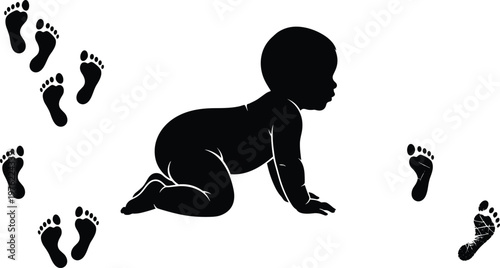 Crawling baby silhouette, childhood growth illustration, footprint artwork design concept, early development symbol graphic, black white parent child connection representation