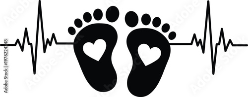 Baby footprint silhouette, heartbeat line illustration, life symbol artwork, newborn care design concept, love connection graphic, black white vitality representation