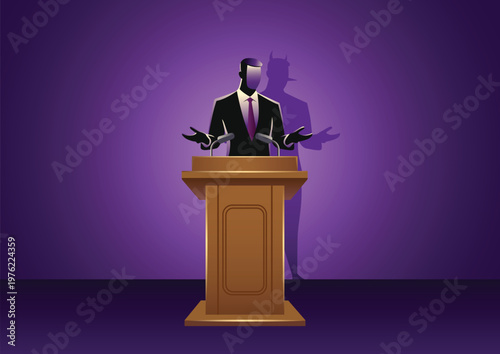 Professional politician speaking at podium with dishonest long nose shadow on purple background.