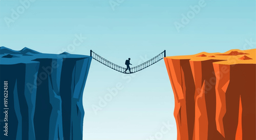 Risky Rope Bridge Between Cliffs Illustration, Challenge and Adventure Concept