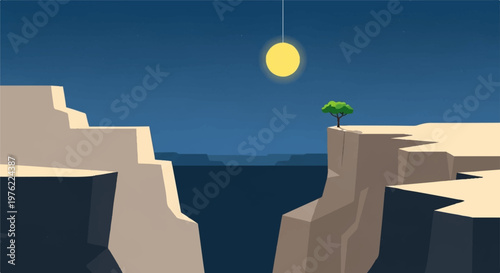 Night Landscape Moonlight Illustration, Cliff Edge Minimal Scenic Concept