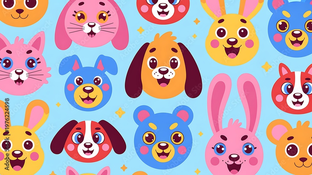Obraz premium Colorful cartoon animal faces collection on pastel seamless pattern background