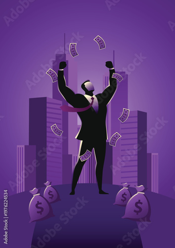 Successful businessman celebrating wealth with falling money banknotes and city skyline background.