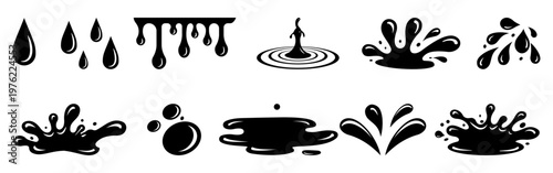 water, splash, drop, liquid, drip shapes set showing fluid splatter, ripple, and droplet forms for ink, paint and water effects, useful for fluid motion and splash design elements