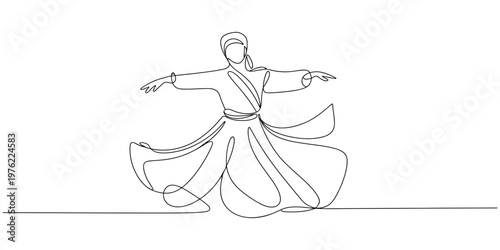 Sufi dervish whirling in continuous line art style, traditional Islamic dance vector illustration, spiritual meditation and Mevlevi culture drawing