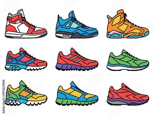 Collection of Professional Sports Sneakers Icons, Various Fitness Running Shoes and Athletic Footwear Vector Illustrations Isolated on White
