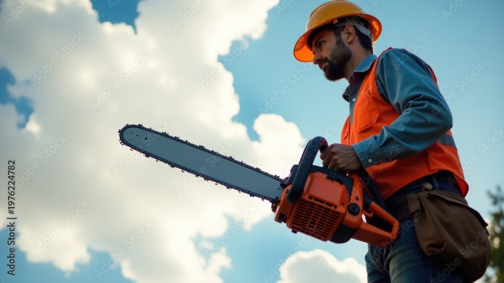 custom made wallpaper toronto digitalA person wearing an orange safety vest holds a chainsaw, preparing for work