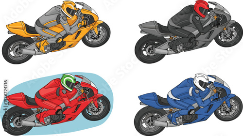 Sport Motorcycle Vector Illustration Set with Racing Bikes and Rider Helmets in Different Colors High Speed Motorbike Collection