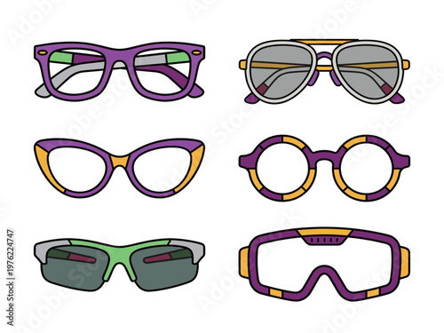 Set of Stylish Eyewear and Sunglasses Icons, Different Frames for Glasses, Fashion Accessories and Eye Protection Vector Symbols Illustration