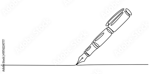 Continuous line drawing of a fountain pen, minimalist ink pen vector illustration, elegant writing instrument in one line art style