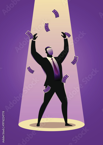 Businessman standing under money rain, expressing joy and prosperity in business.