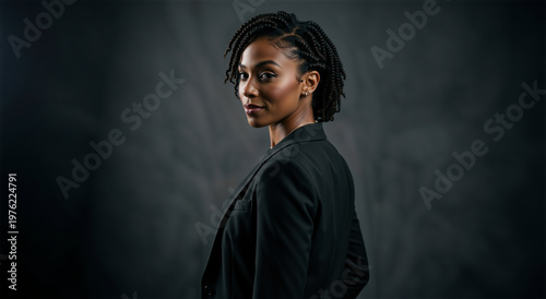 Professional Black woman in a black blazer looking over her shoulder. Studio portrait of a confident female executive with braided hair. Corporate business fashion concept