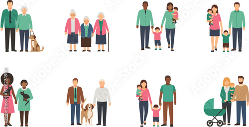 Diverse families collection flat vector illustration featuring parents children grandparents pets and multi generation characters isolated on light background