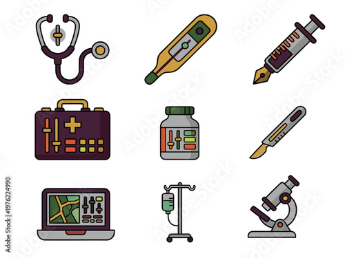 Healthcare and Medical Diagnostic Equipment Icons Set, Stethoscope, Microscope, Thermometer and Hospital Tools Vector Symbols Illustration