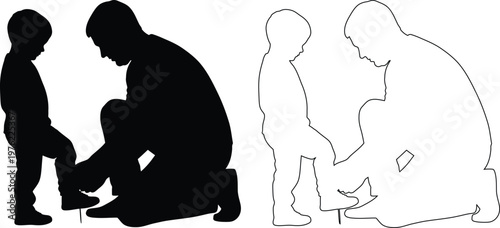 Adult Helping Child Tie Shoelaces Together Silhouette Style