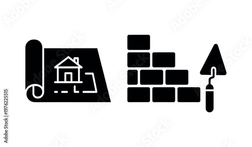 Construction tools and blueprint a black silhouette icon set for building projects