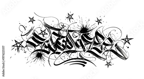 Graffiti Art: Bold Script Typography with Stars and Splatter Effects