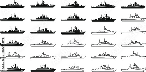 Large collection of vector assets featuring Japanese cultural symbols, anime eyes, technical fashion sketches, fitness icons, longhorn cattle silhouettes, and naval warship outlines